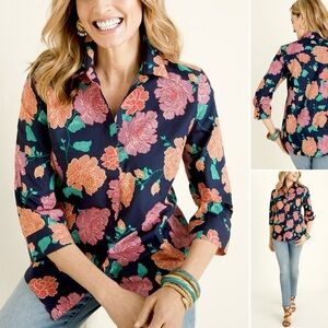 Chico’s Button Down Shirt No-Iron Cotton Textural Fleur Stain Shield 3/4 Sleeve